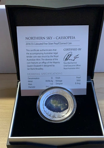 2016 $5 Northern Sky Domed - Cassiopeia 1oz 999 Silver Proof Coin Box Cert