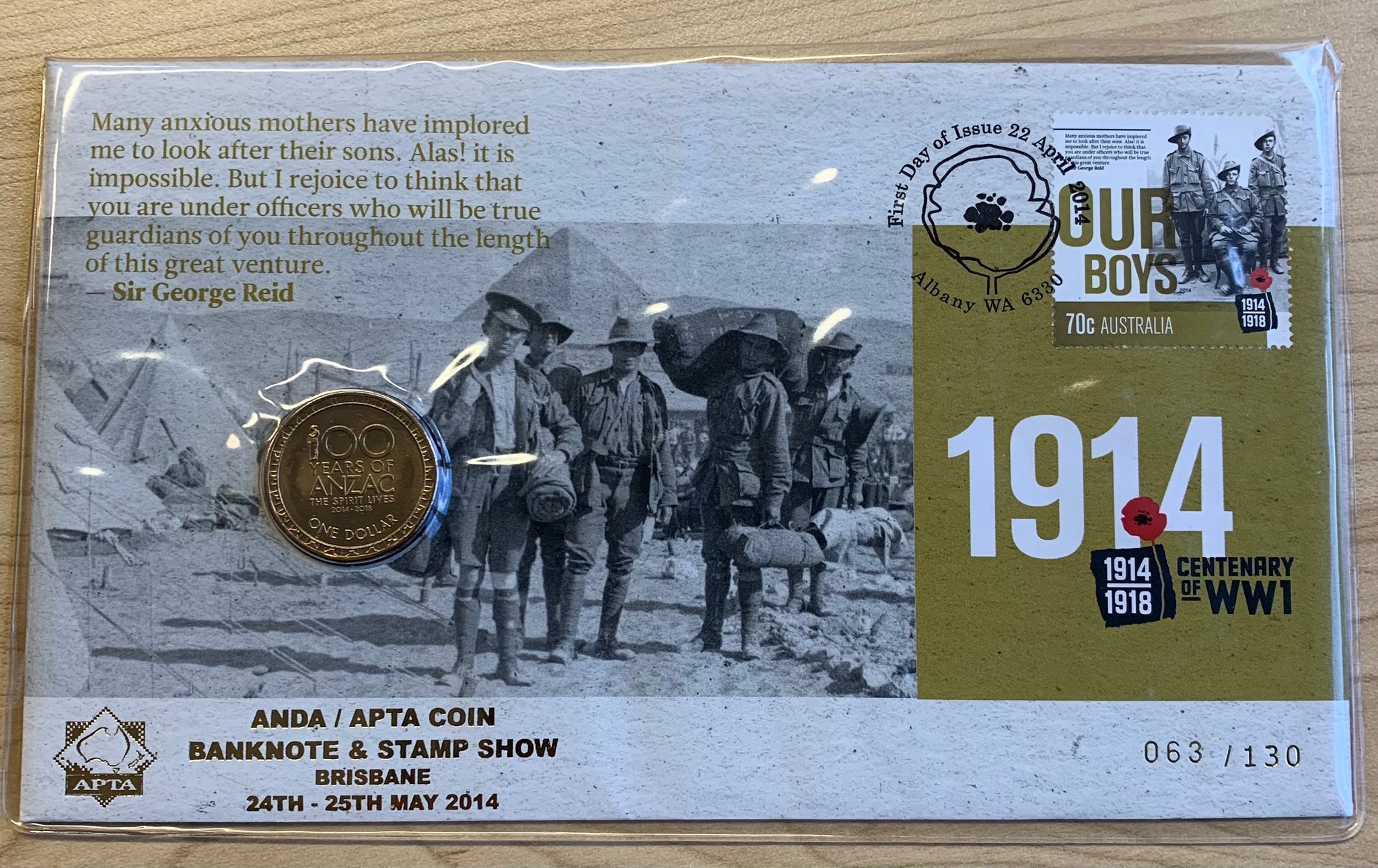 2014 $1 Australian Centenary of WW1 PNC APTA Brisbane show overprint