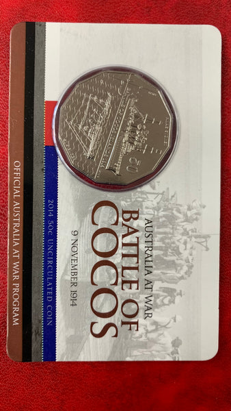 Australia 2014 Royal Australian Mint Fifty Cents 50c Australia at War 50c Battle of Cocos Coloured Coin