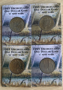 Australia 1995 Royal Australian Mint Walzing Matilda $1 Uncirculated Coins B, C, M, & S mintmarks in 4 folders