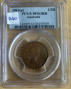 AUSTRALIA 1961 Perth Half Penny ½d PCGS MS63RB