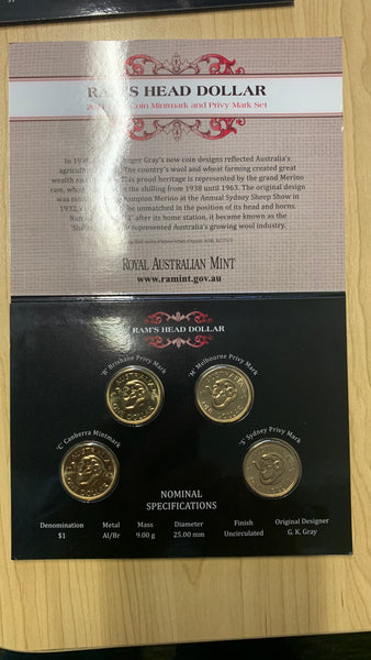 Australia 2011 Royal Australian Mint $1 Rams Head Dollar Four Coin Uncirculated set  B C M & S Privy Mark