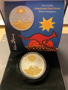 Australia 2009 Royal Australian Mint $1 Kangaroo Ken Done design Gold Plated Ounce Silver Proof