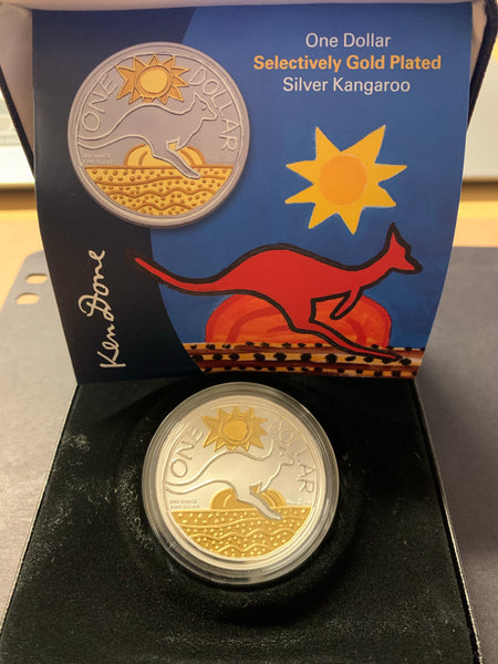 Australia 2009 Royal Australian Mint $1 Kangaroo Ken Done design Gold Plated Ounce Silver Proof