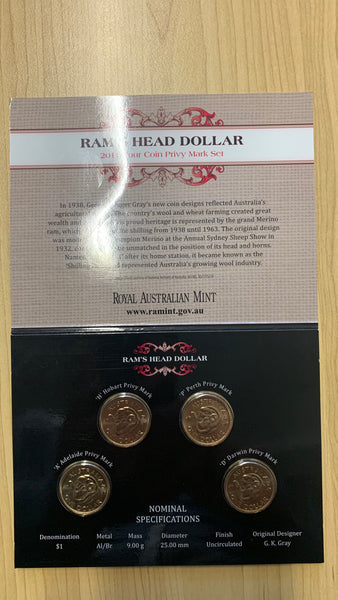 Australia 2011 Royal Australian Mint $1 Rams Head Dollar Four Coin Uncirculated  A D H & P Privy Mark Set