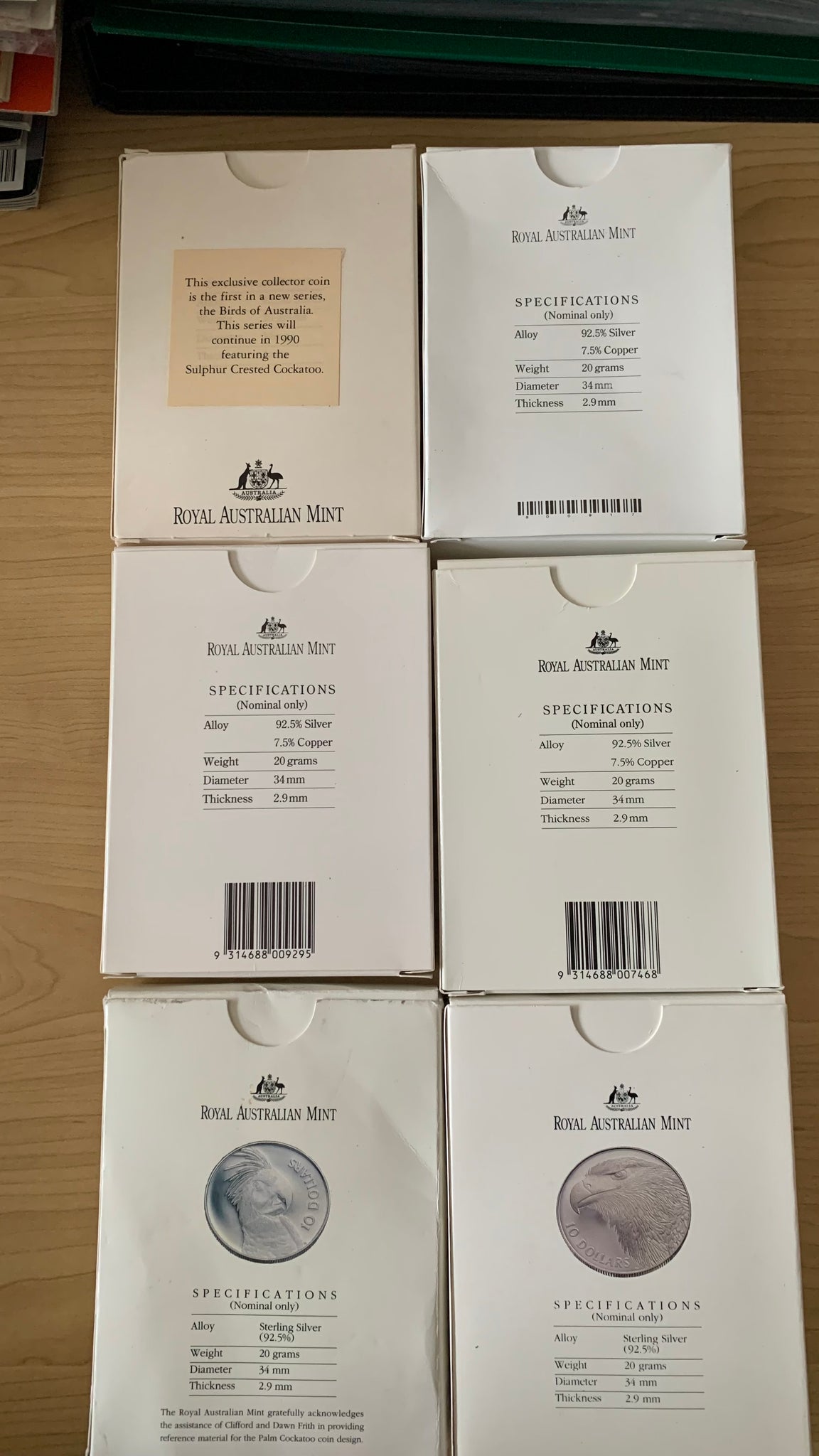 Australia 1989-1994 Royal Australian Mint Birds of Australia 6 x $10 Standard Proof Sterling Silver Coin Set