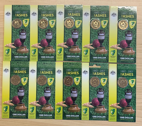 Australia 2007 Royal Australian Mint $1 The Ashes cricket Uncirculated Coin x 10