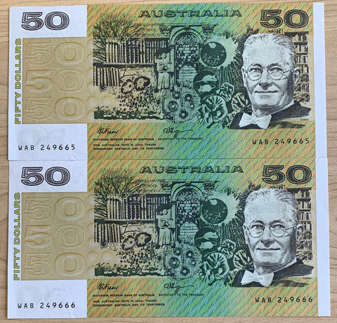 R512 1990 $50 Australia  Fraser/Higgins Uncirculated Banknote Pair