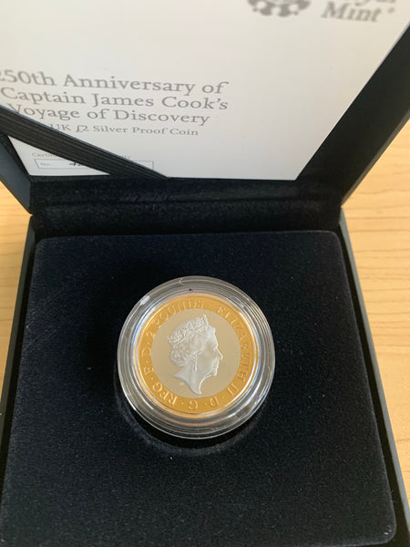 Great Britain 2019 UK Captain Cook 2 Pounds Gold Plated .925 Silver Proof Coin