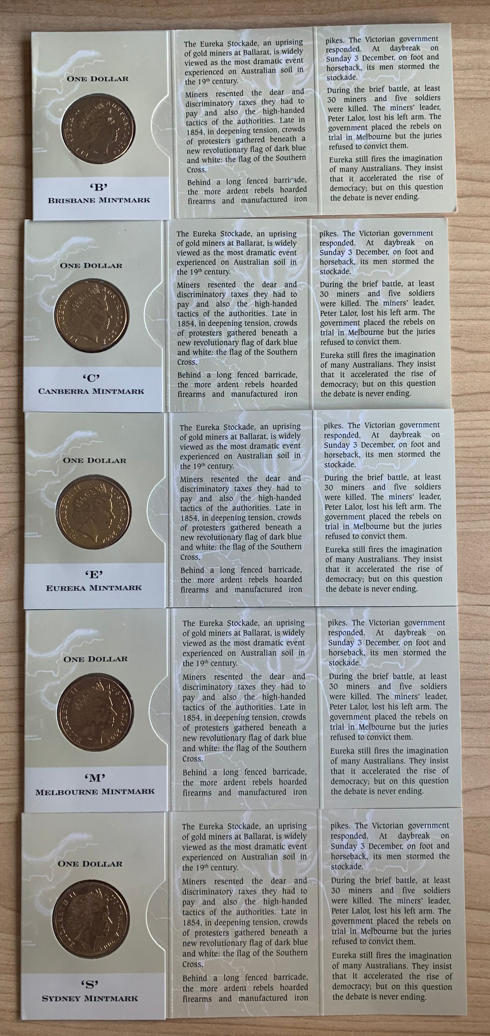 Australia 2004 Royal Australian Mint $1 Eureka Stockade Uncirculated Coins B, C, E, M, & S mintmarks in RAM folders