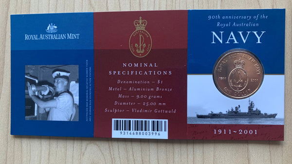 Australia 2001 Royal Australian Mint $1 Navy 90th Anniversary Uncirculated coin RAM folder.