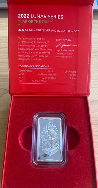 2022 Australian Year of the Tiger $1 1/2oz Silver Ingot Proof Coin