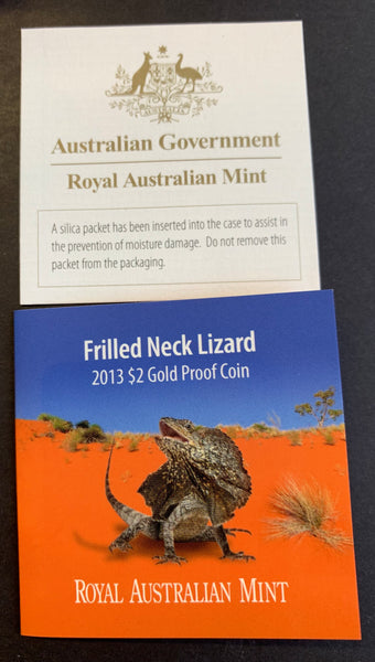 2013 $2 Australian Frilled Neck Lizard  .5 gram  .9999 Gold Coin