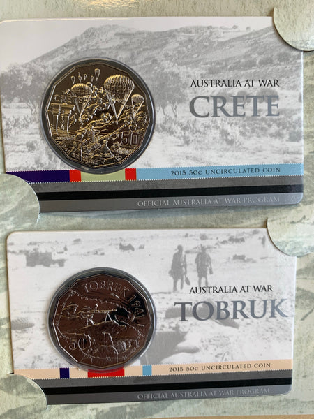 Australia 2014 - 2016 Royal Australian Mint Fifty Cents 50c Australians at War set of 18 Mint Coins on cards as issued