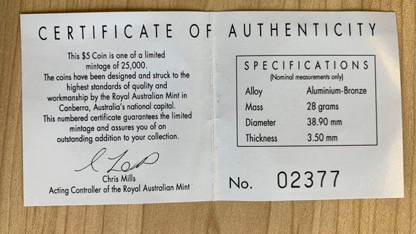 Australia 1992 Royal Australian Mint $5 Space Aluminium Bronze Proof Coin