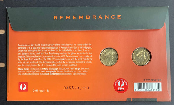 2014 Remembrance Day $2 Coloured Coins 2012 Poppy "C" mintmark $2 & 2014 $2 Ballot PNC