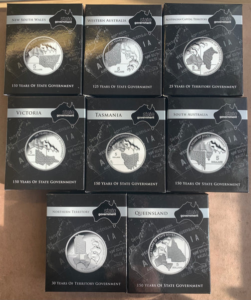 Australia 2006 - 2015 Royal Australian Mint Set of 8 $5 150 Years of State Government  Silver Proof Coin