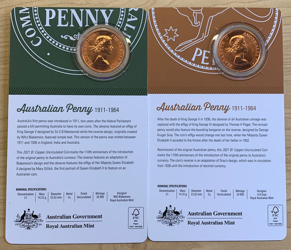 Australia 2021 Set of 2 x $1  One Penny QE11 Design  Uncirculated carded coins