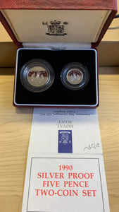 Great Britain UK 1990 2 x 5 Pence coin set  .925 Silver Proof Coin