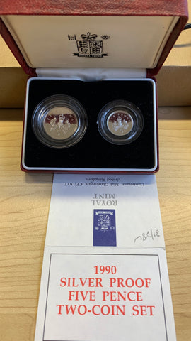 Great Britain UK 1990 2 x 5 Pence coin set  .925 Silver Proof Coin