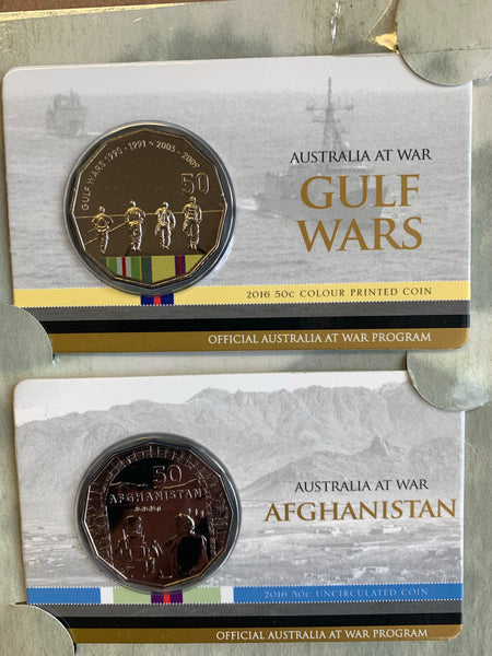 Australia 2014 - 2016 Royal Australian Mint Fifty Cents 50c Australians at War set of 18 Mint Coins on cards as issued