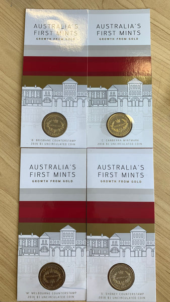 Australia 2016 Royal Australian Mint $1 Australia's First Mints Dollar Coin Uncirculated Privy Mark Set Of 4