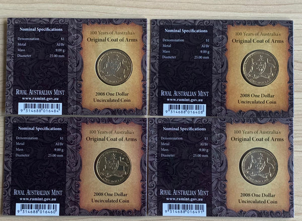 Australia 2008 Royal Australian Mint $1 Coat of Arms Coin with B, C, M, & S mintmarks in RAM folders