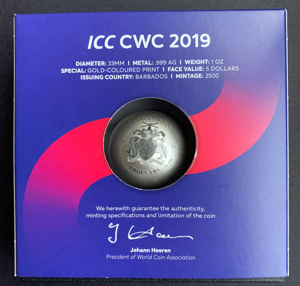 Barbados 2019 $5 ICC Cricket World Cup .999 Silver Superb Condition.