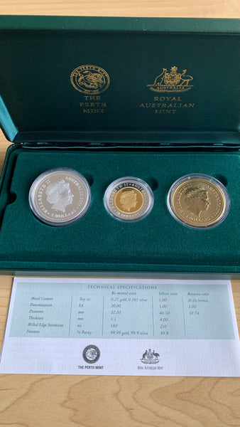 Australia 2001 Royal Australian Mint Sir Donald Bradman cricket Gold Silver & Bronze Tri Metal Coin Set