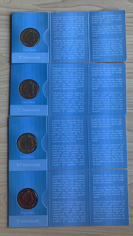 Australia 2003 Royal Australian Mint  $1 Korean War Uncirculated Coins B, C, M, & S mintmarks in RAM folders