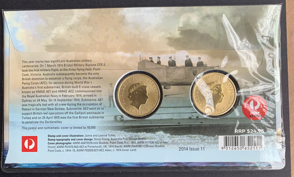 2014 $1 x 2 Australian Centenary of Military Aviation & Submarines PNC 1st Day Issue