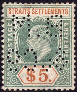 Straits Settlements Malayan States SG 121 $5 dull green & brown-orange KGV Perfin
