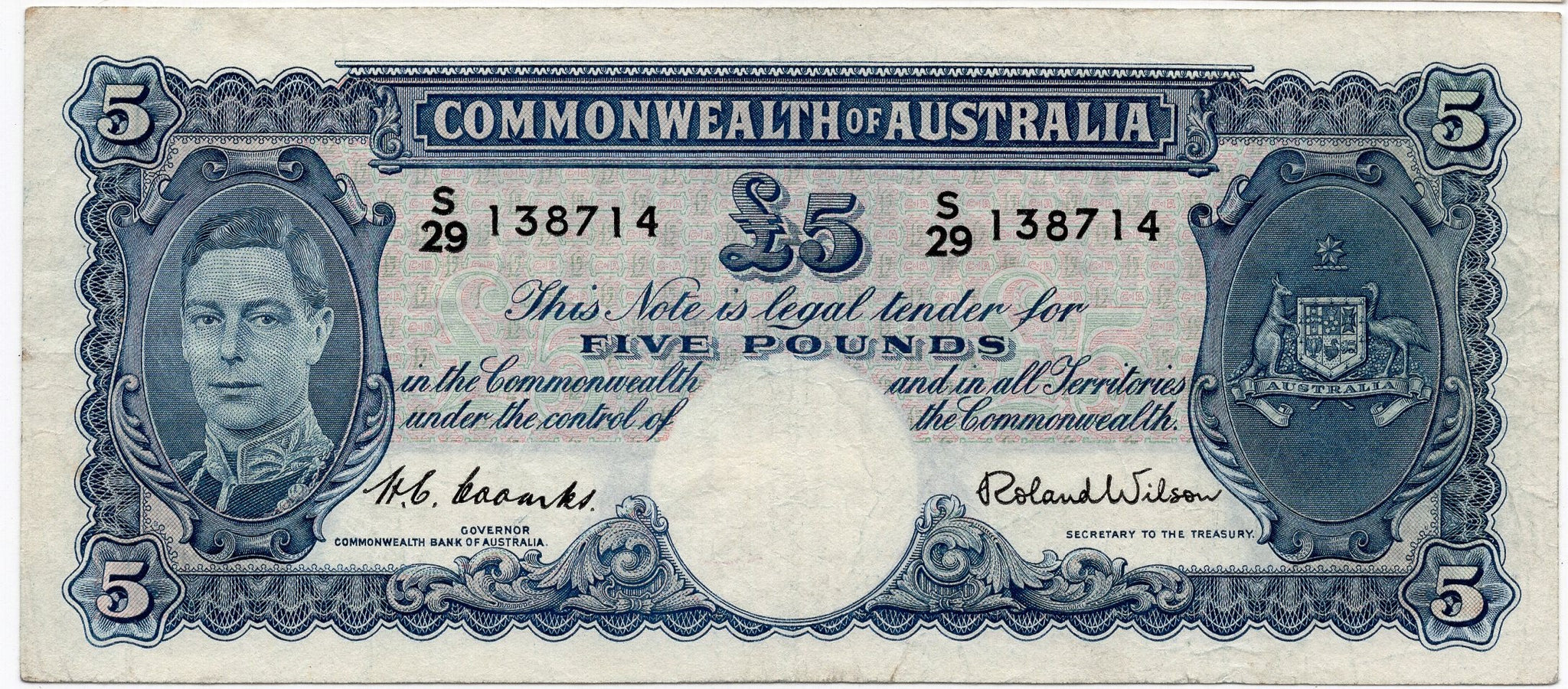 Australia R48 £5 Five Pound KGV1 Pre Decimal Banknote Coombs/Wilson Fine