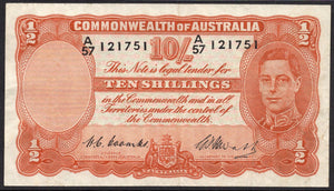 R14 Commonwealth Of Australia Ten Shillings Coombs Watt Banknote VF