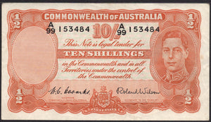 R15 Commonwealth Of Australia Ten Shillings Coombs Wilson Banknote VF