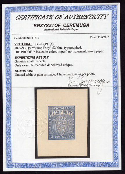 Australian States Victoria SG 246 2 Pounds Stamp Duty Die Proof Blue with Certificate