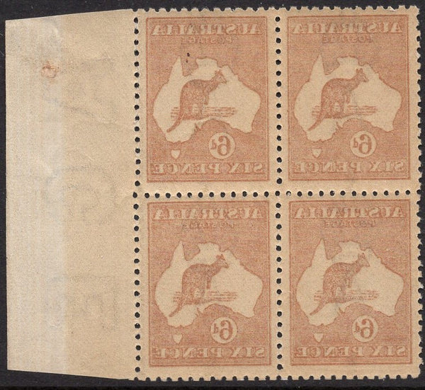 Australia SG 73 Kangaroo 6d Chestnut 3rd wmk OFFSET Block of 4 Stamps