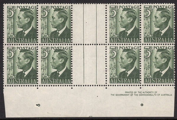 Australia SG 237d 3d Green KGVI Plate 6 Gutter block of 8 Mint Stamps