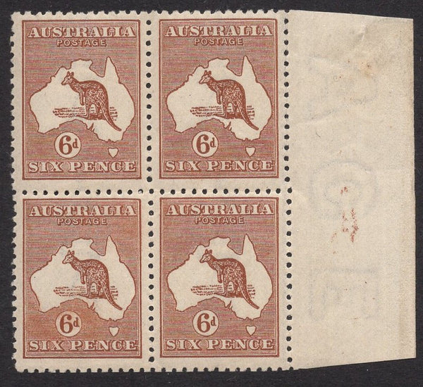 Australia SG 73 Kangaroo 6d Chestnut 3rd wmk OFFSET Block of 4 Stamps