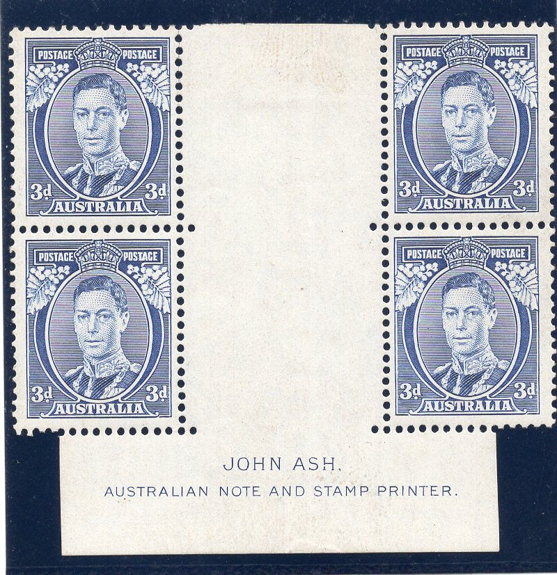 Australia SG 168a 3d Blue "White Wattles" KGVI Ash imprint block of 4 Stamps MUH