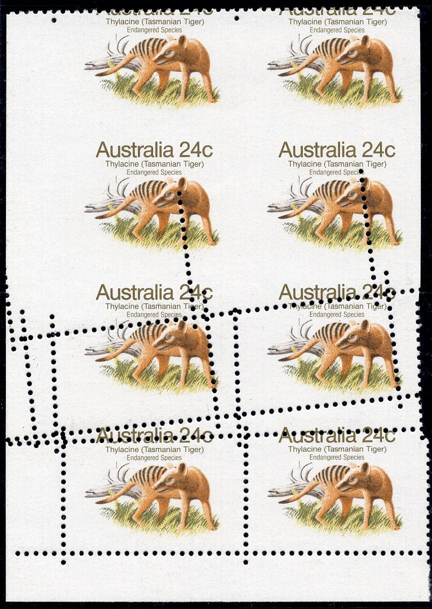 Australia 1981 24c Tasmanian Tiger Imperf & Misperfed Error Block of 8 MUH
