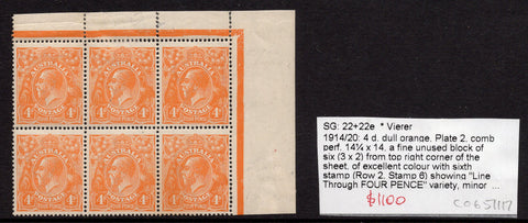 Australia SG 22 & 22e 4d Orange KGV Line through "FOUR PENCE"  Block of 6 Stamps