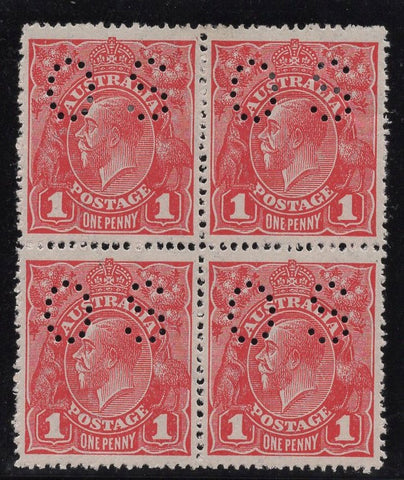 Australia SG O63 KGV 1d Red perf OS, BLOCK OF 4 Stamps MLH