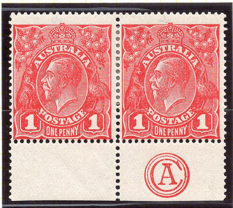 Australia BW 711zg 1d Red KGV CA Monogram Pair Single Watermark Mint Stamps