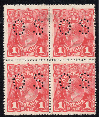 Australia KGV 1d Carmine Rough Paper perf OS, BLOCK OF 4 Stamps MUH