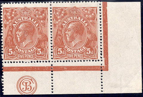 Australia 5d Brown KGV JBC Monogram Variety Pair Single Watermark Mint Stamps
