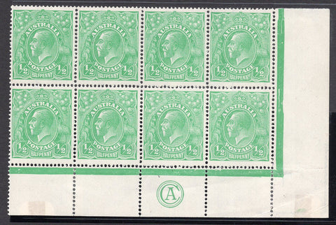 Australia ½d Green KGV CA Monogram Block of 8 Stamps Mint