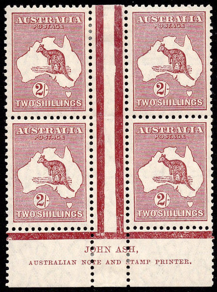 Australia SG 110 2/- Maroon Kangaroo ASH Imprint Block Small Multiple Watermark MLH