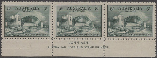 Australia SG 143 5/- Five Shilling Sydney Harbour Bridge Imprint Strip of 3 Mint Stamps