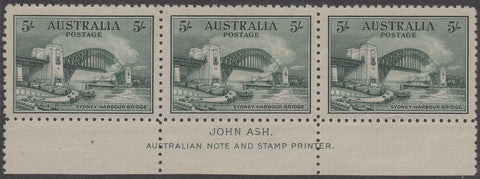 Australia SG 143 5/- Five Shilling Sydney Harbour Bridge Imprint Strip of 3 Mint Stamps